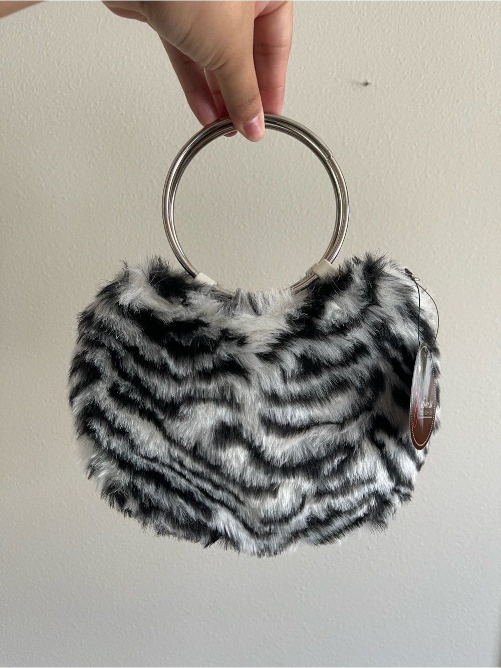 Faux Fur Zebra-Print Ring Handle Clutch - Black & White